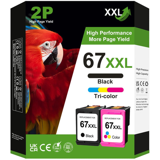 67xxl Ink Cartridge for HP 67 ink cartridges for hpDeskjet 2742e 2752e 2755e (Black, Tri-Color)