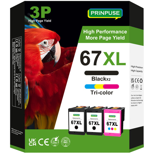 67XL Ink Cartridges Work for HP Ink 67 for HP 67 ink cartridge Black and Tri-Color 2-Pack